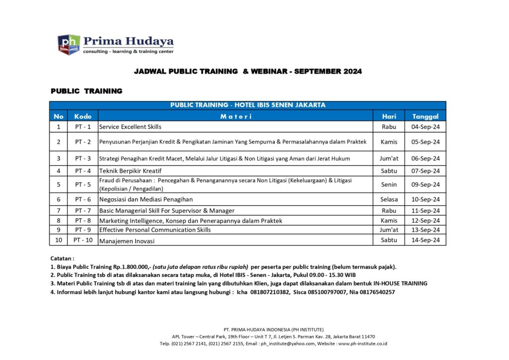 Jadwal Webinar & Public Training September 2024