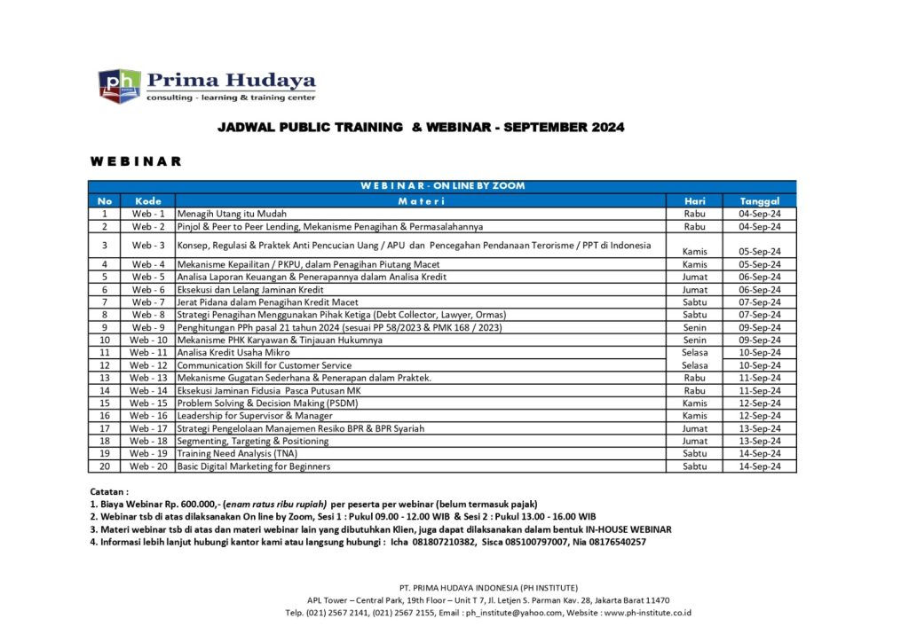 Jadwal Webinar & Public Training September 2024