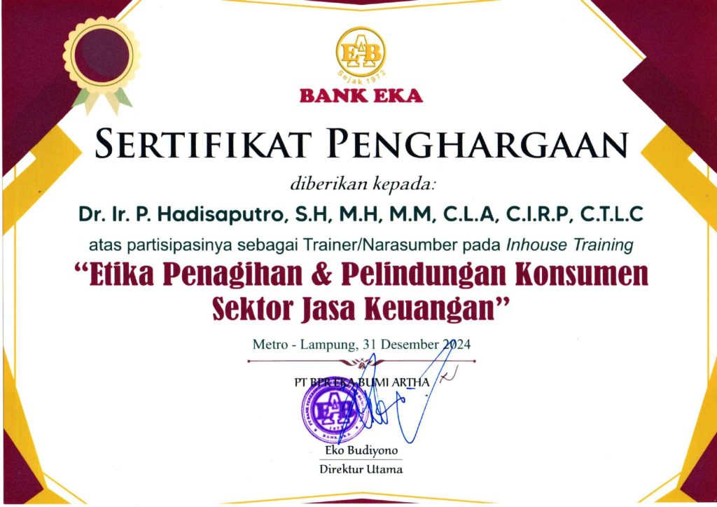 Sertifikat Narasumber In-House Training Desember 2024 bersama Bank Eka